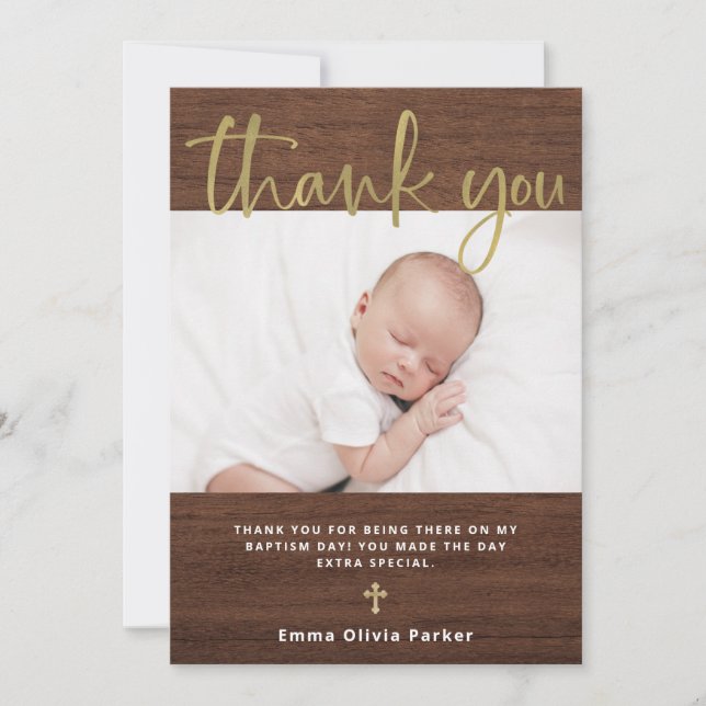 Baptism | Simple Rustic Look and Gold with Photo Thank You Card (Front)
