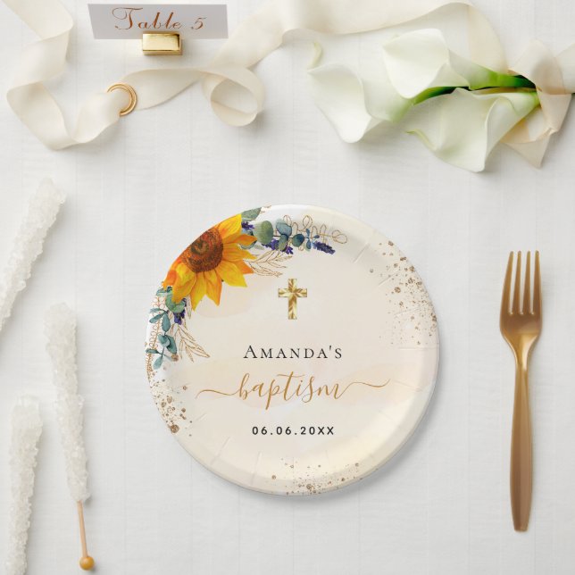 Baptism sunflowers eucalyptus glitter modern paper plate (Wedding)