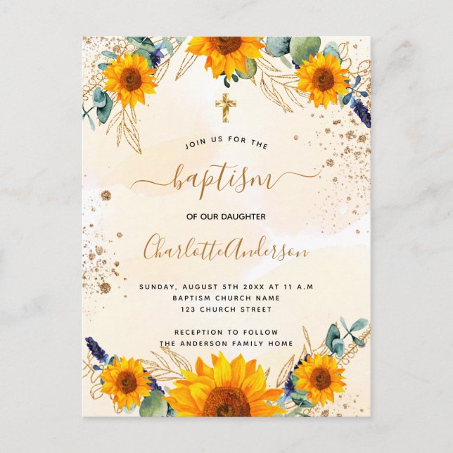 Baptism sunflowers eucalyptus gold glitter invitation postcard (Front)