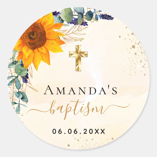 Baptism sunflowers eucalyptus greenery glitter classic round sticker (Front)