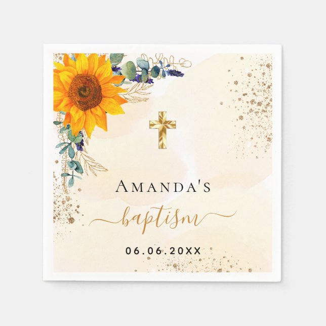 Baptism sunflowers eucalyptus greenery glitter napkin (Front)