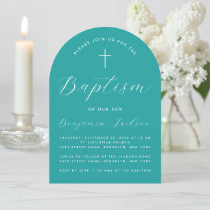 Baptism Teal Arch Cross and Script Boy Christening Invitation