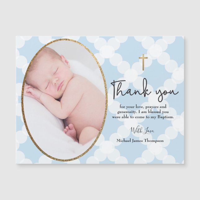 Baptism thank you baby photo blue gold white (Front)