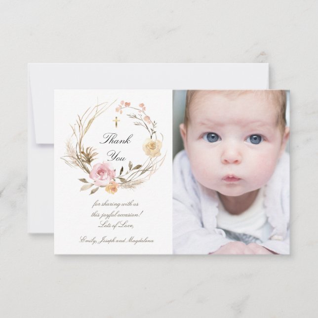 Baptism thank you beige pink flowers  invitation (Front)