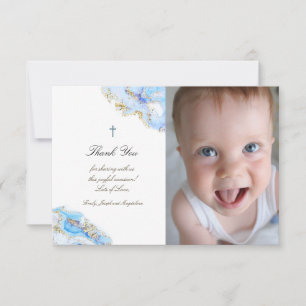 Baptism thank you blue ink marble invitation