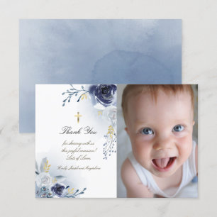 Baptism thank you blue roses invitation