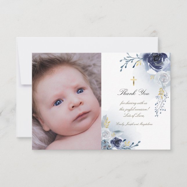 Baptism thank you dusty blue roses  invitation (Front)
