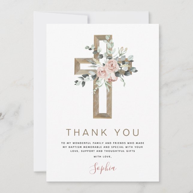 Baptism Thank You Dusty Pink Rose Christian Invitation (Front)