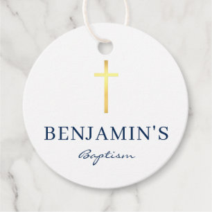 BAPTISM THANK YOU modern gold cross navy white Favour Tags
