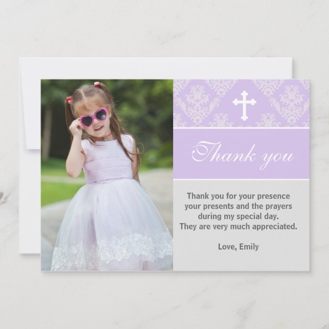 Baptism Thank You Note Custom Photo Card Lavender (Front)