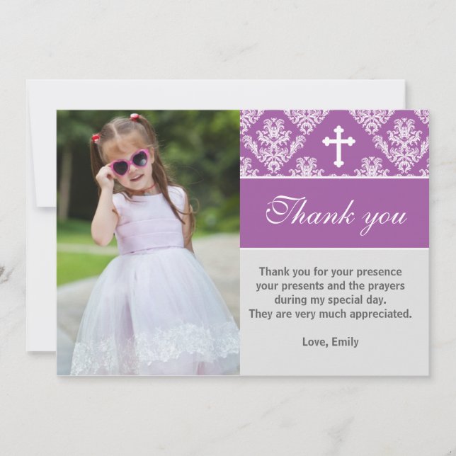 Baptism Thank You Note Custom Photo Card Purple (Front)