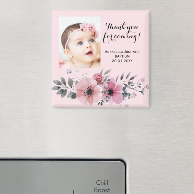 BAPTISM THANK YOU Pink Floral Photo Elegant Magnet (Creator Uploaded)