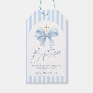 Baptism Thank You Tag, Modern Blue Bow & Stripe  Gift Tags