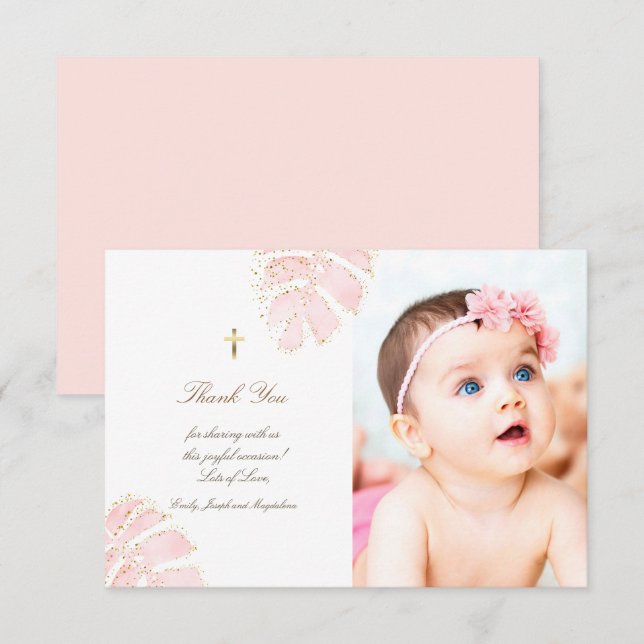 Baptism thank you watercolor palm leaves glitter invitation (Front/Back)