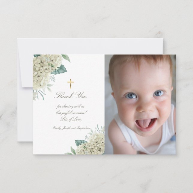Baptism thank you white hydrangea flowers invitation (Front)