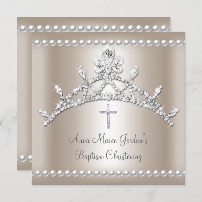Baptism Tiara Sepia Silver White Pearl Diamond Invitation (Front/Back)