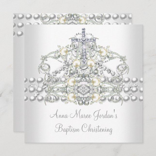 Baptism Tiara Silver White Pearl Diamond Invitation (Front/Back)