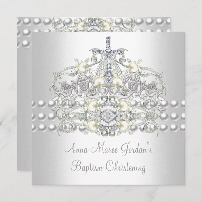 Baptism Tiara Silver White Pearl Diamond Invitation (Front/Back)