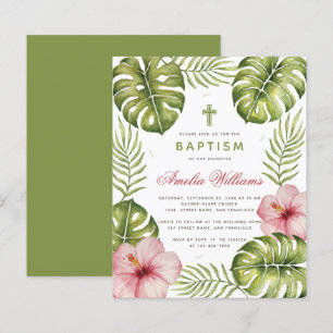 Baptism Tropical Leaves Hibiscus Budget Invitation
