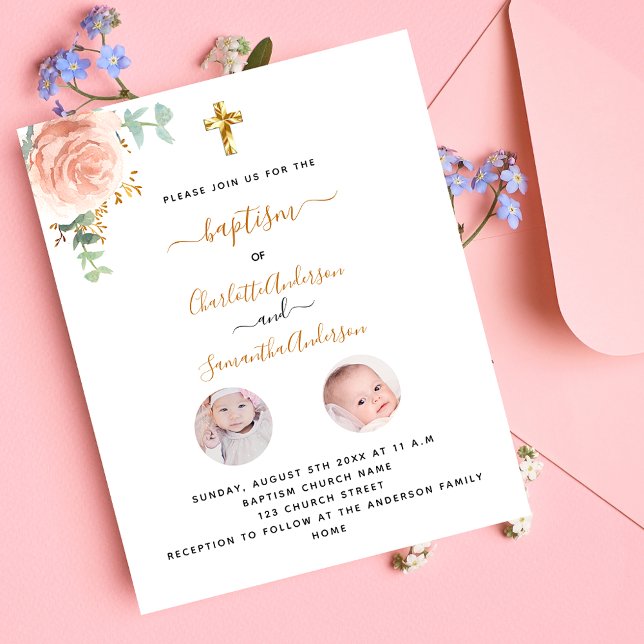 Baptism twins girls floral photo budget invitation (Creator Uploaded)