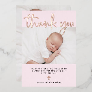 Baptism   Two Photo Thank You Card Rose Gold Foil
