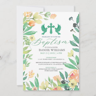 Baptism typography with summer flowers frame invitation