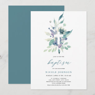 Baptism Violet Blue Florals Elegance Invitation