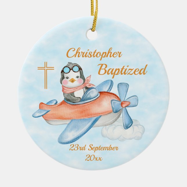 Baptism Watercolor Baby Penguin Airplane  Ceramic Ornament (Front)