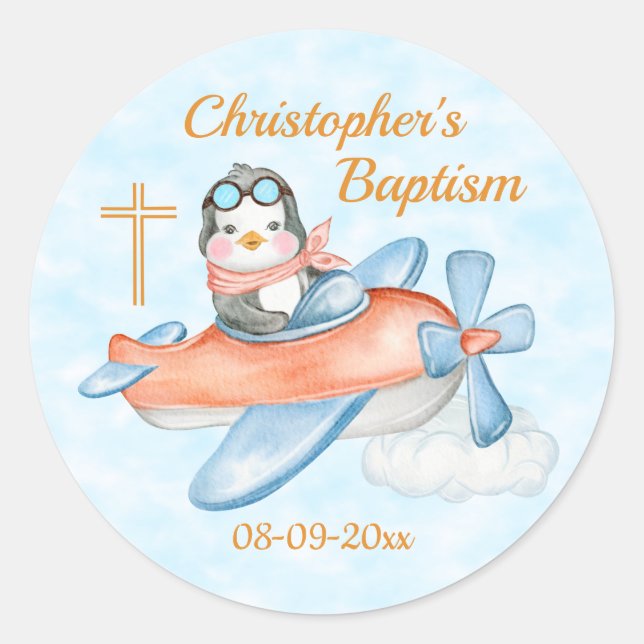 Baptism Watercolor Baby Penguin Airplane Classic Round Sticker (Front)