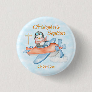 Baptism Watercolor Baby Penguin Airplane Custom 1 Inch Round Button