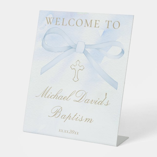 Baptism watercolor blue bow pedestal sign (Front)