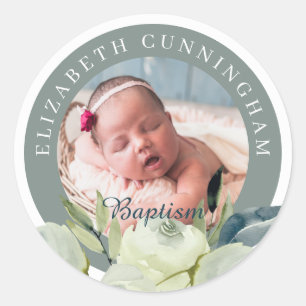 Baptism Watercolor Floral and Foliage Classic Round Sticker