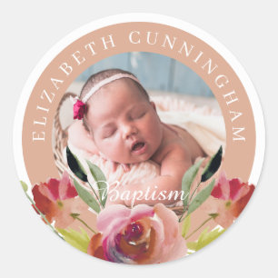 Baptism   Watercolor Floral and Foliage Classic Round Sticker