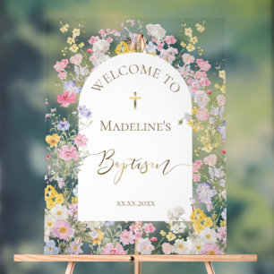 Baptism watercolor meadow flowers acrylic sign