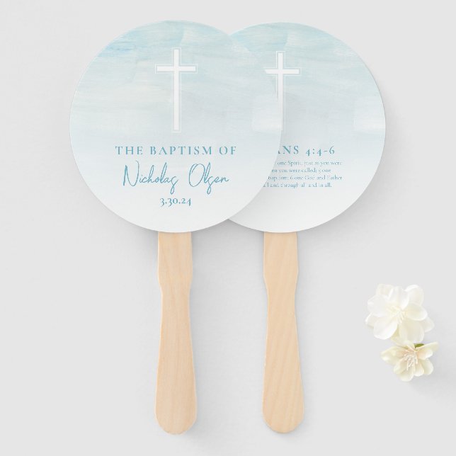 Baptism Watercolor Pastel Blue Hand Fans (Front and Back)