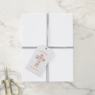 Baptism Watercolor Pink and Yellow Flower Cross Gift Tags