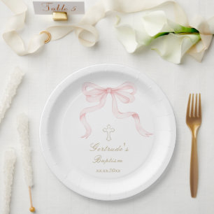 Baptism watercolor pink bow baby girl paper plate