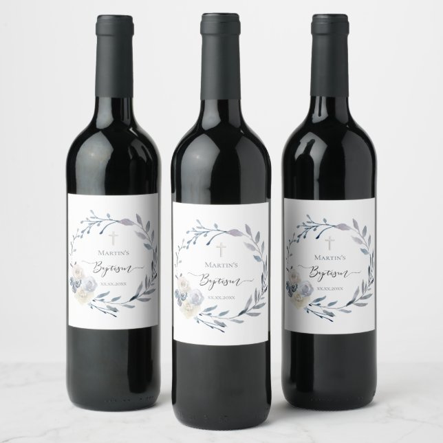 Baptism watercolor wreath wine label (Bottles)