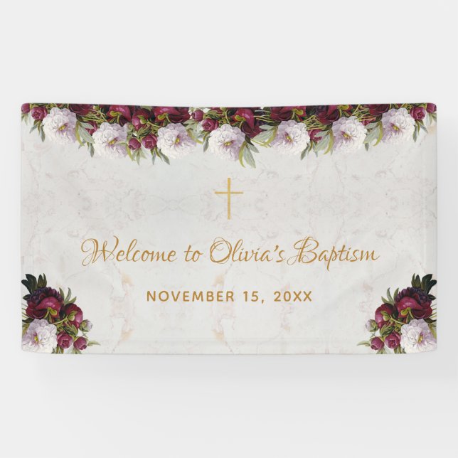 Baptism Welcome Burgundy Peony Marble Gold Cross Banner (Horizontal)
