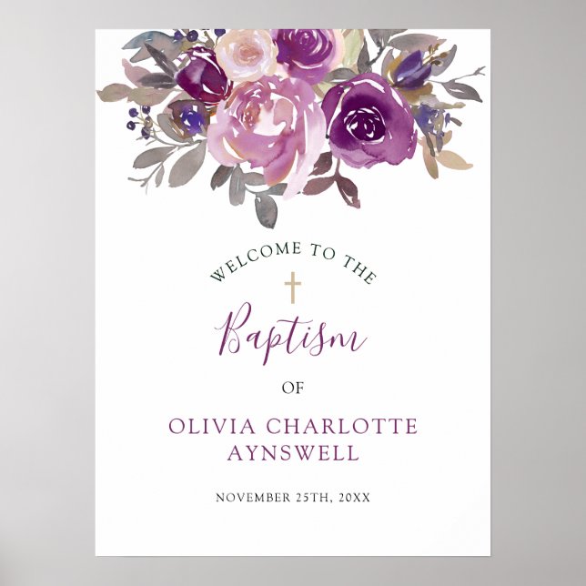 Baptism Welcome Dusty Mauve Purple Blush Botanical Poster (Front)