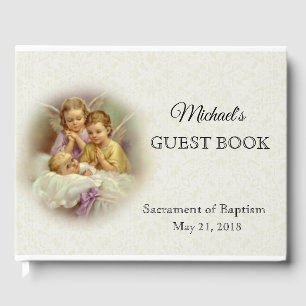 Baptism White Lace Baby Praying Angels Guest Book