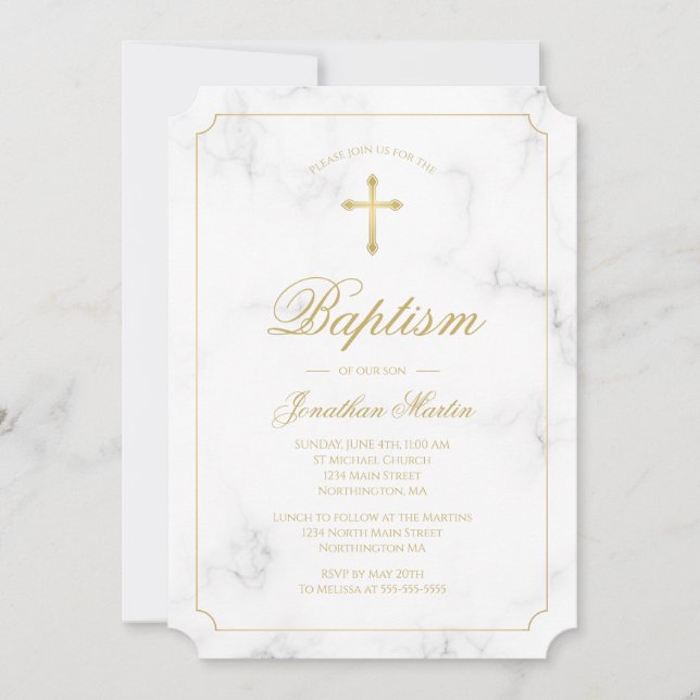 Baptism White Marble Gold Cross Script Boy Invitation (Front)