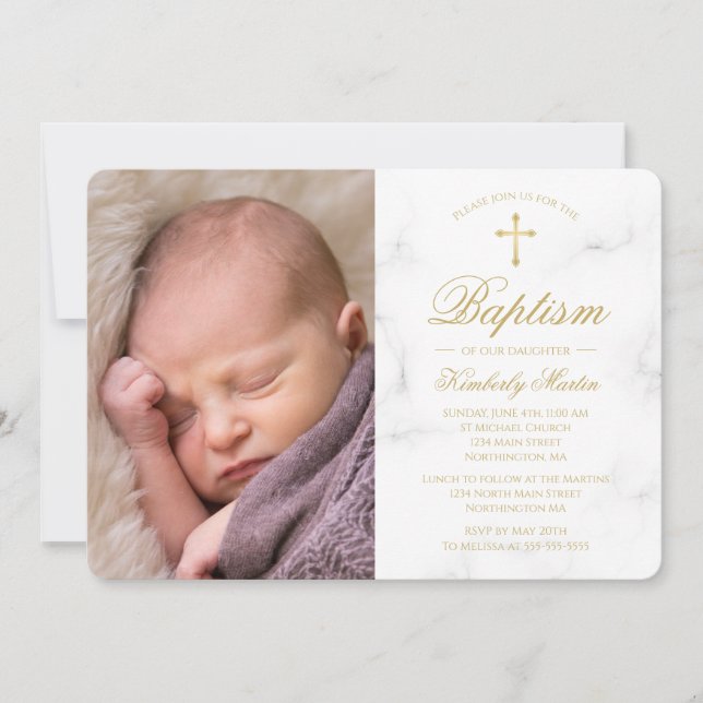 Baptism White Marble Gold Cross Script Photo Girl Invitation (Front)