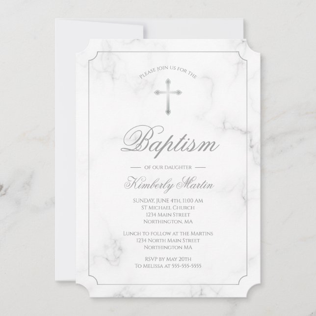 Baptism White Marble Silver Cross Script Invitation (Front)