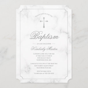 Baptism White Marble Silver Cross Script Photo Invitation