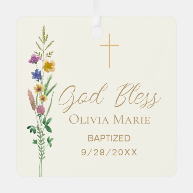 Baptism Wildflower Custom Photo Ceramic Metal Ornament (Front)