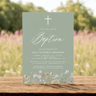  Baptism Wildflower Sage Green Script  Invitation