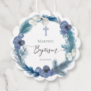 Baptism winter blue wreath favour tags