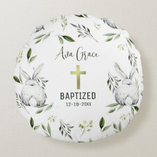 Baptism with Cross, Bunny Round Pillow