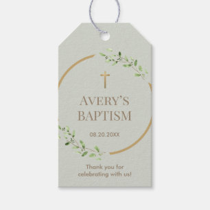 Baptism Wreath cross bible verse thank you green Gift Tags